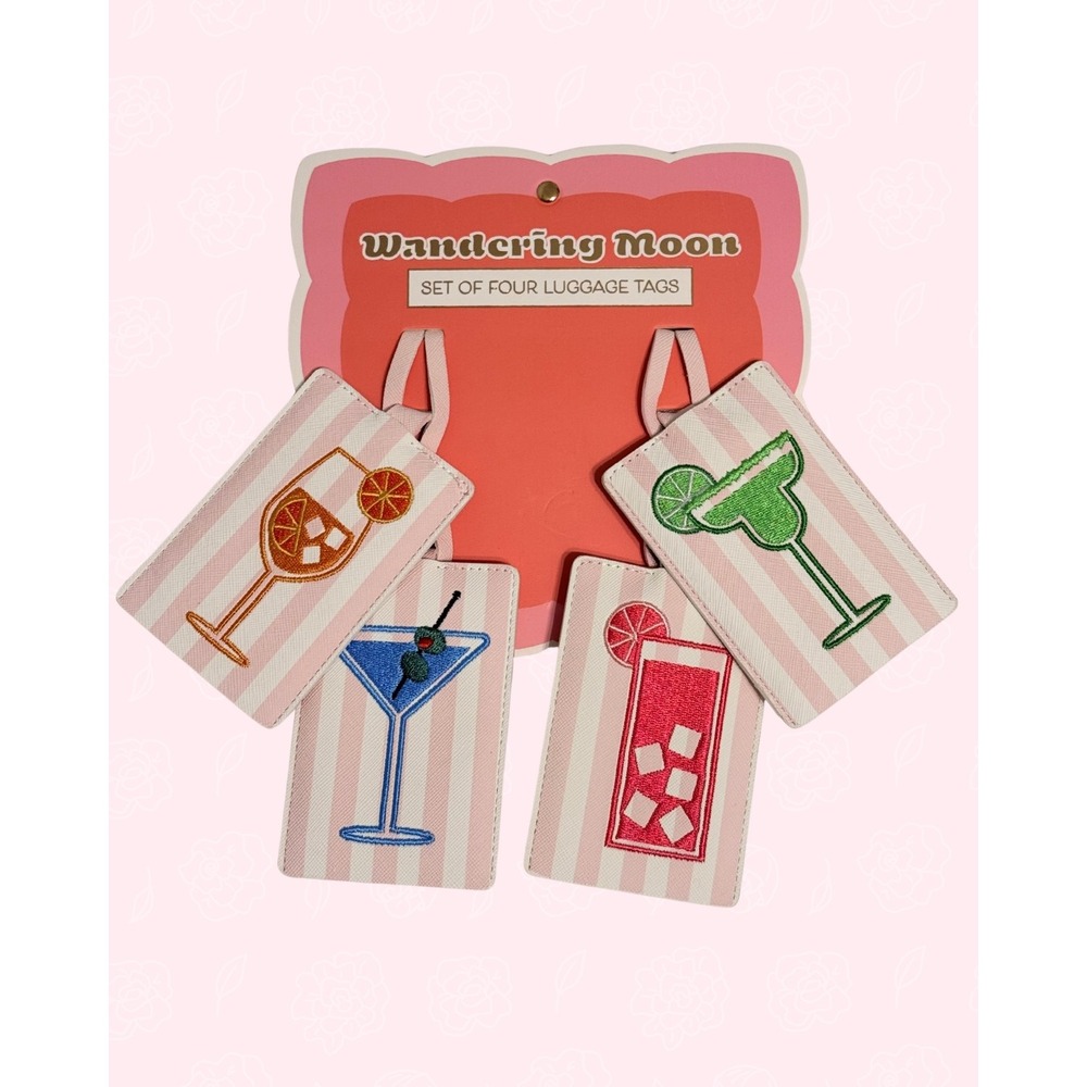Wandering Moon Cocktail Luggage Tags Set of 4 Embroidered Pink Stripe Travel NEW